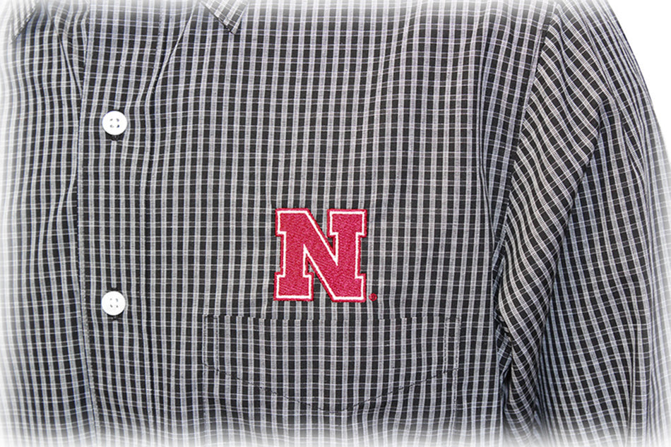 Nebraska N Black Plaid Button Down LS