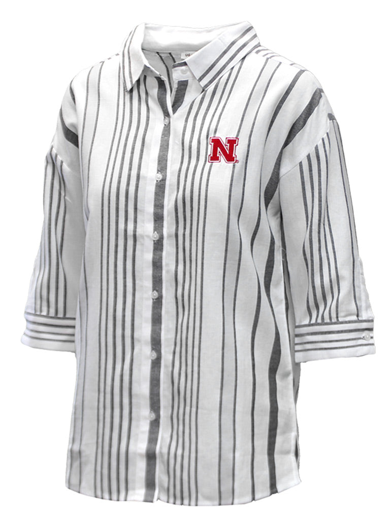 Nebraska Womens Striped Button Up