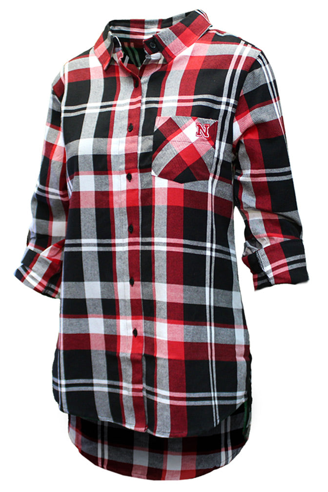 Husker Gals Boyfriend Plaid Button Up - Black