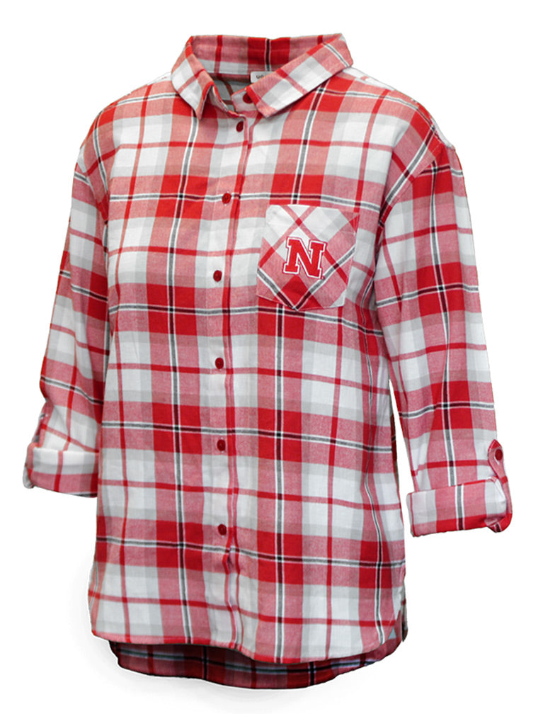 Womens Nebraska Boyfriend Plaid Shirt - Red