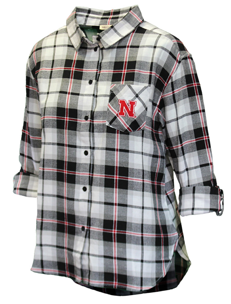 Womens Nebraska Boyfriend Plaid Shirt - Black