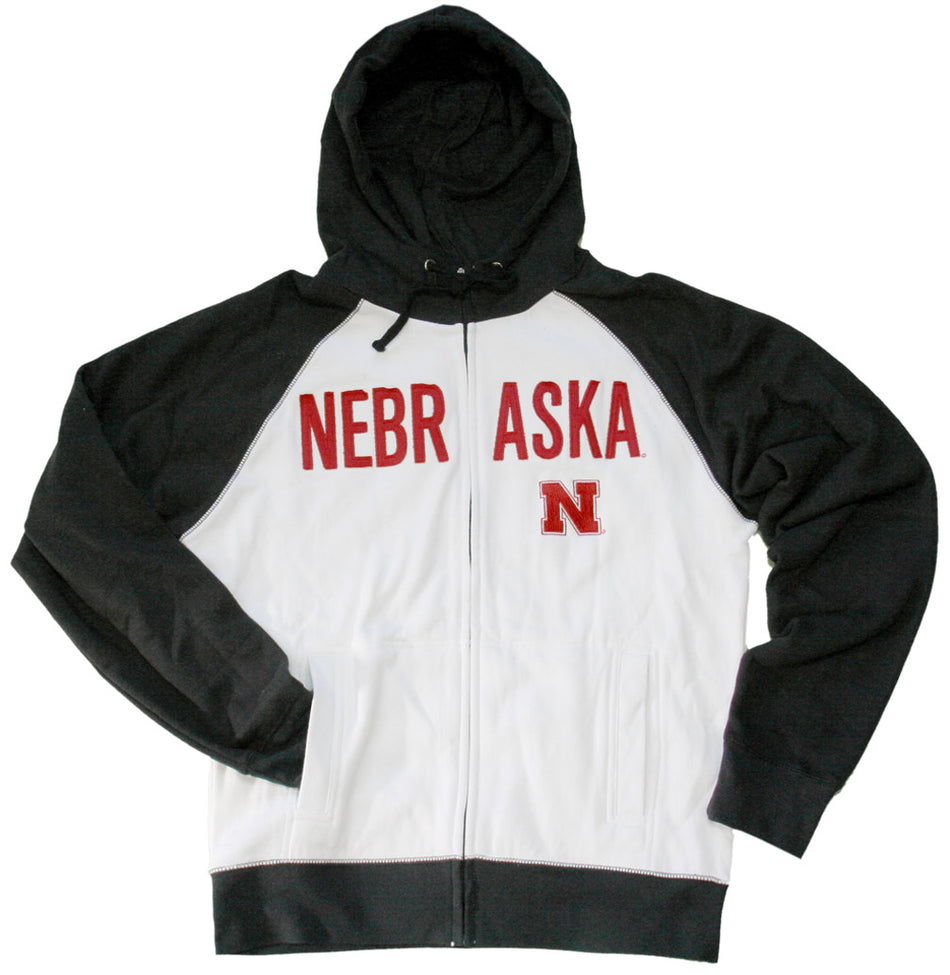 Full Zip Raglan White and Black Nebraska Hoodie
