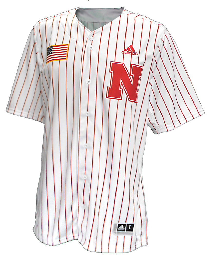 Adidas Husker Striped Button Up Baseball Jersey