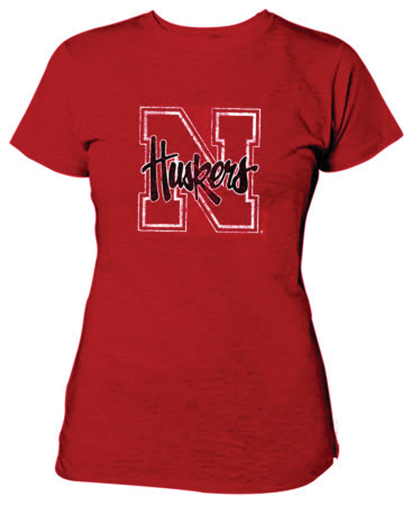 Ladies Red N Huskers Distressed Tee