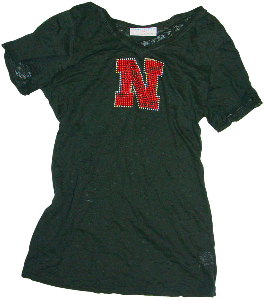 LADIES BLACK V NECK RHINESTONE BURNOUT