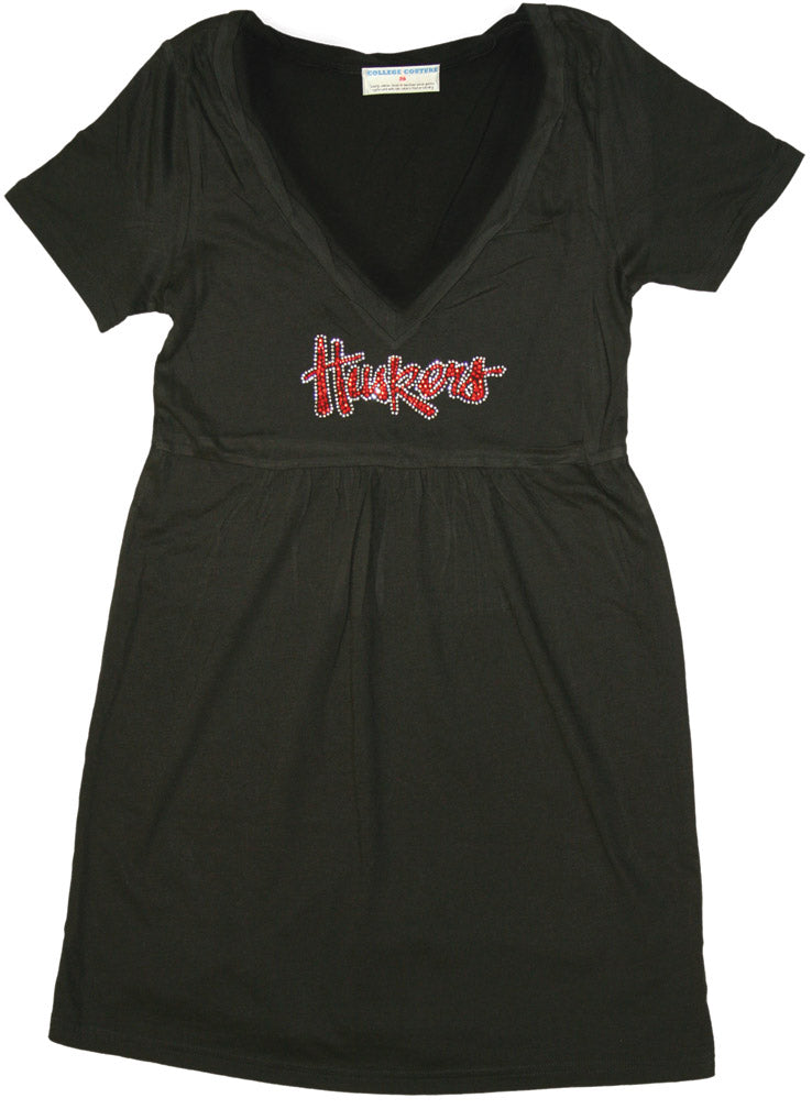 BLK BABY-DOLL S/S DRESS WITH 'HUSKERS' IN RED BLING WR