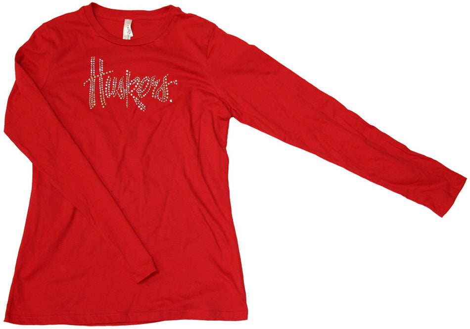 W. L/S RED TEE W/ RHINESTONE STUDS HUSKERS
