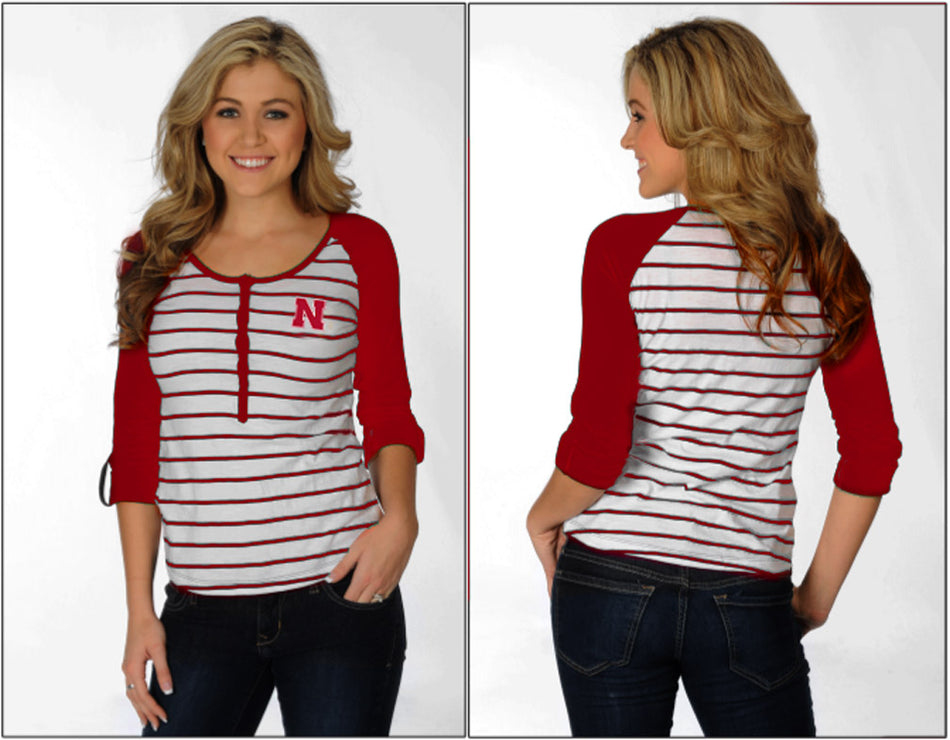 Ladies Husker Baseball Striped Henley