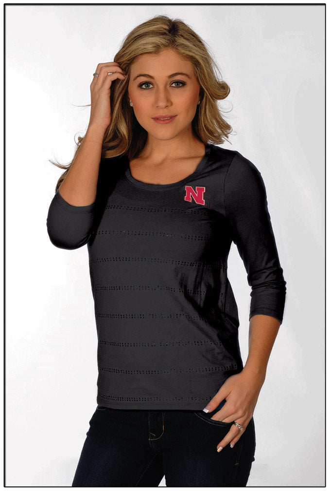 Ladies Rhinestone Striped 3/4 Sleeve Top