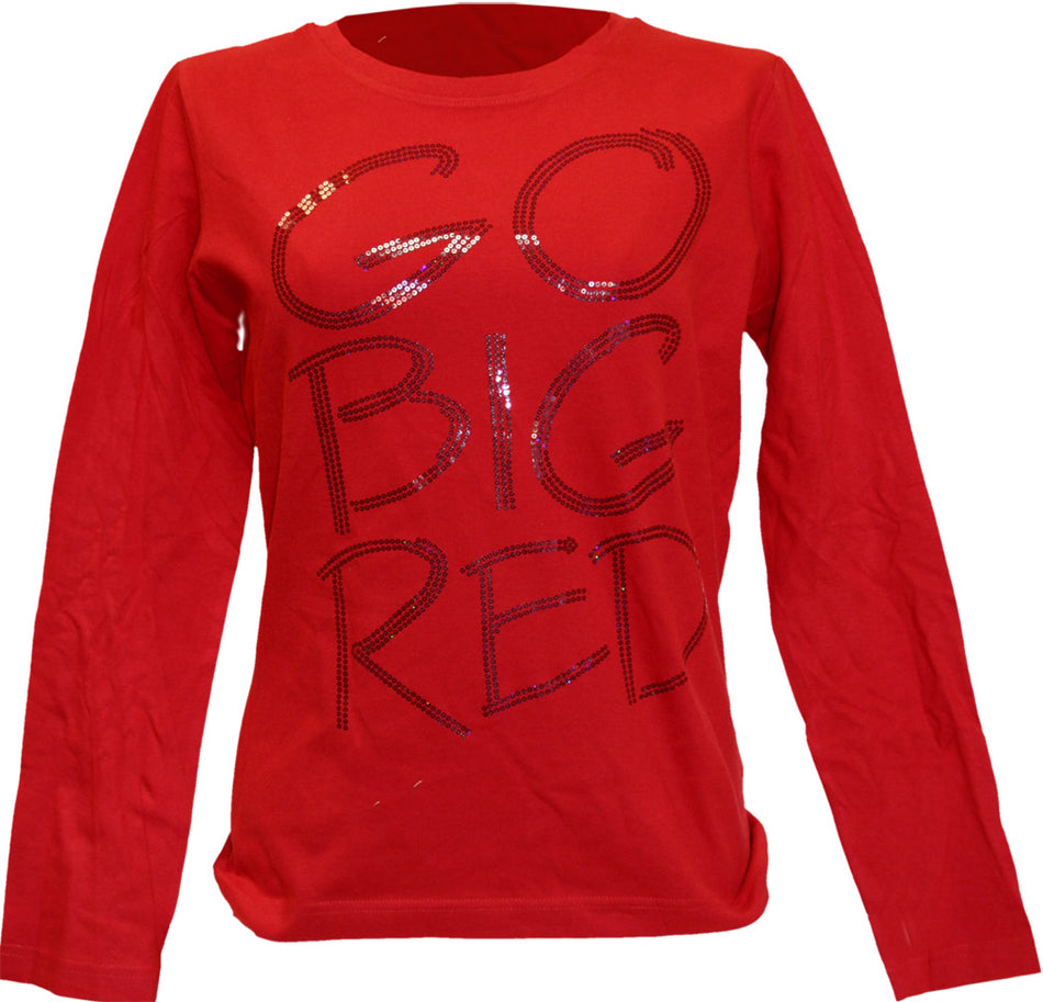 Womens Long Sleeve Tee with "GO BIG RED" Sequins