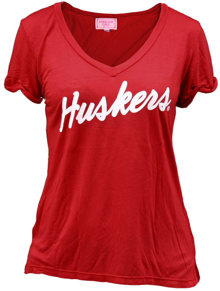 Red V-Neck Huskers in White