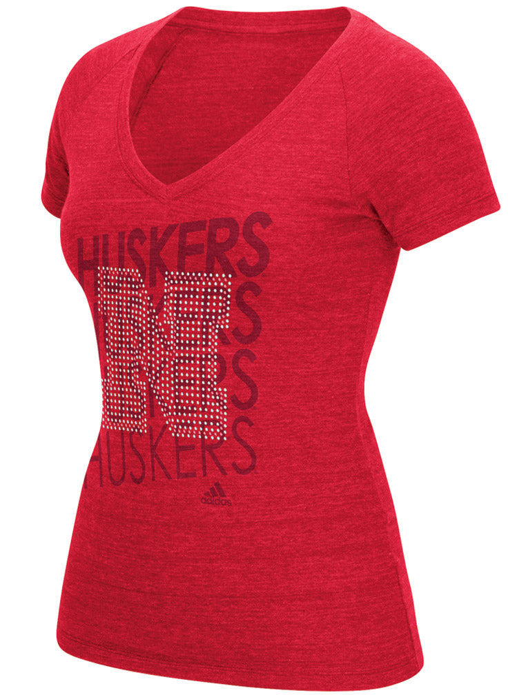Adidas Ladies Tri Blend Iron N Rhinestone V-Neck Tee - Red