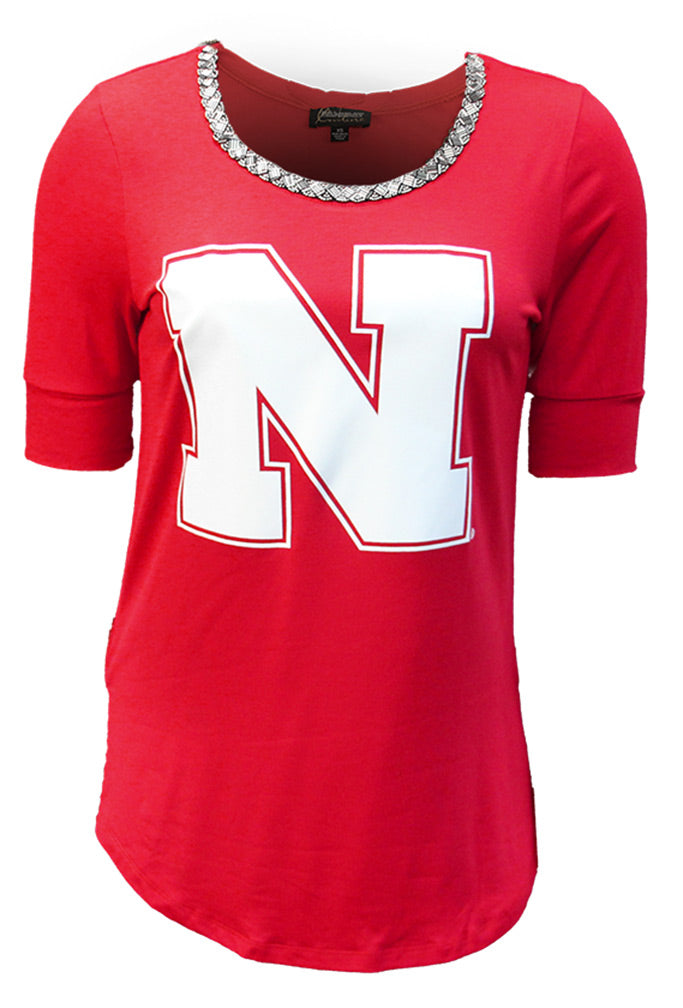 Ladies Beadneck Foil Nebraska N Top
