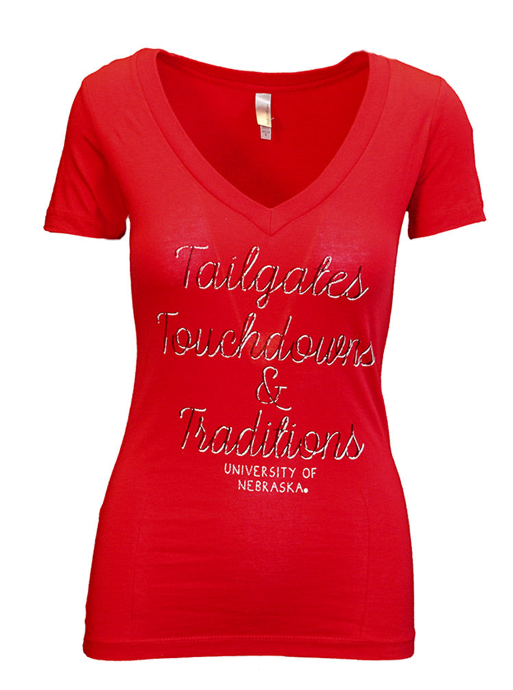 Tailgates TDs and Traditions Nebraska V Neck Tee
