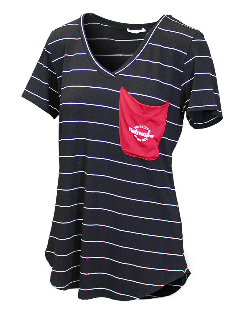 Nebraska V Neck Striped Pocket Tee