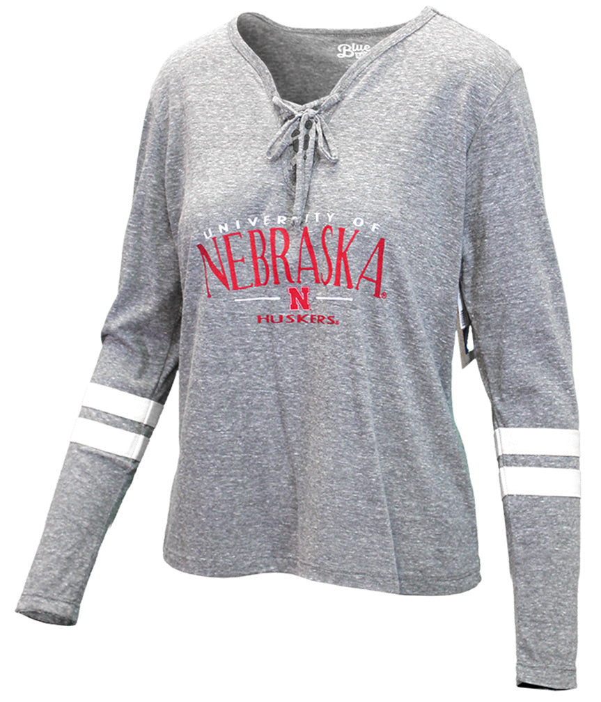 Ladies University of Nebraska Lace Up Stripe Tee