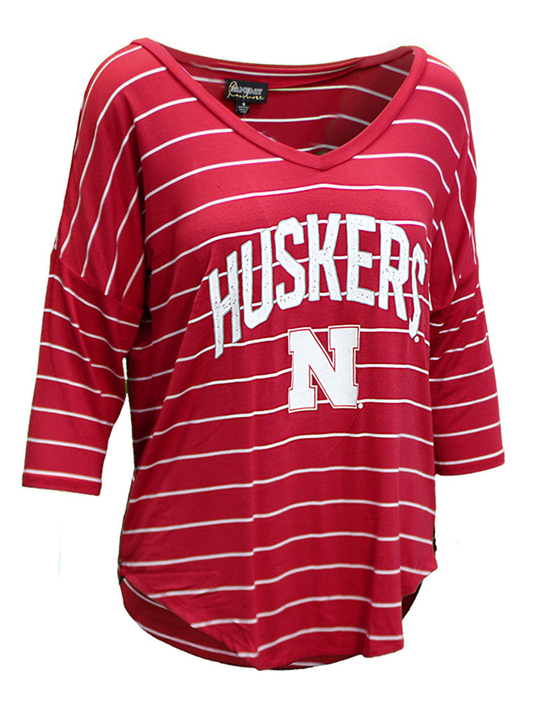Womens Huskers Stripe V-neck Top