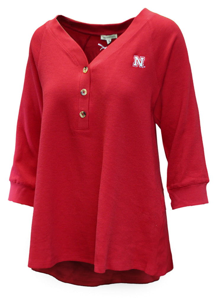 Womens 3/4 Sleeve Waffle Huskers Henley