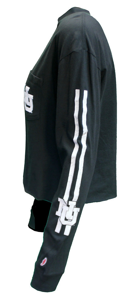 Womens Nebraska NU Midi Crop Pocket LS Tee - Black