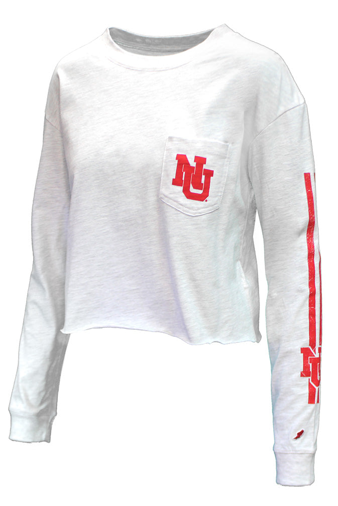 Womens Nebraska NU Midi Crop Pocket LS Tee - White