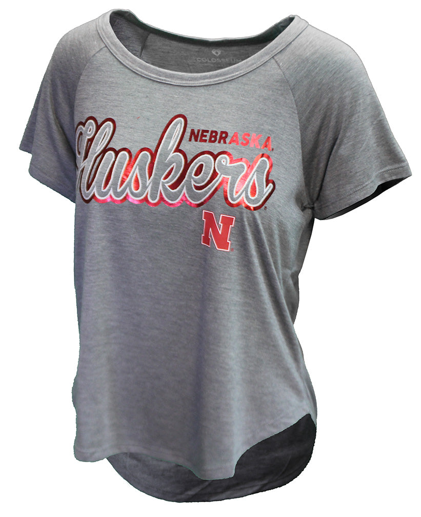 Womens Nebraska Smoked Pearl Editor Glitter Raglan SS Tee Colosseum