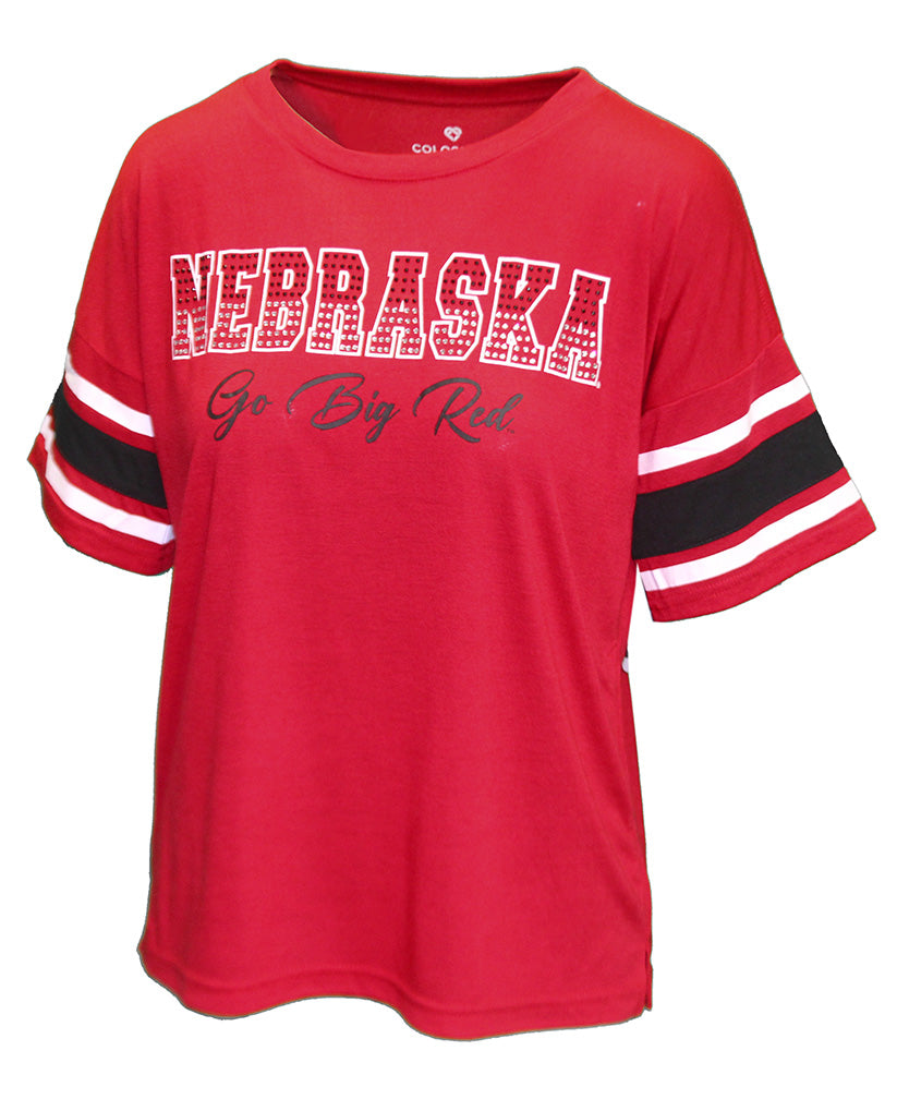 Womens Nebraska Go Big Red Rhinestone Top