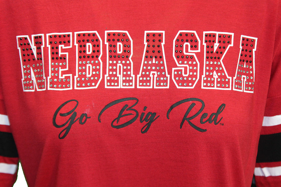 Womens Nebraska Go Big Red Rhinestone Top