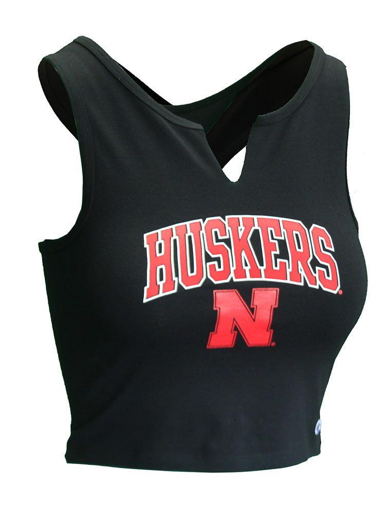 Womens Huskers Split Neck Crop Racerback - Black