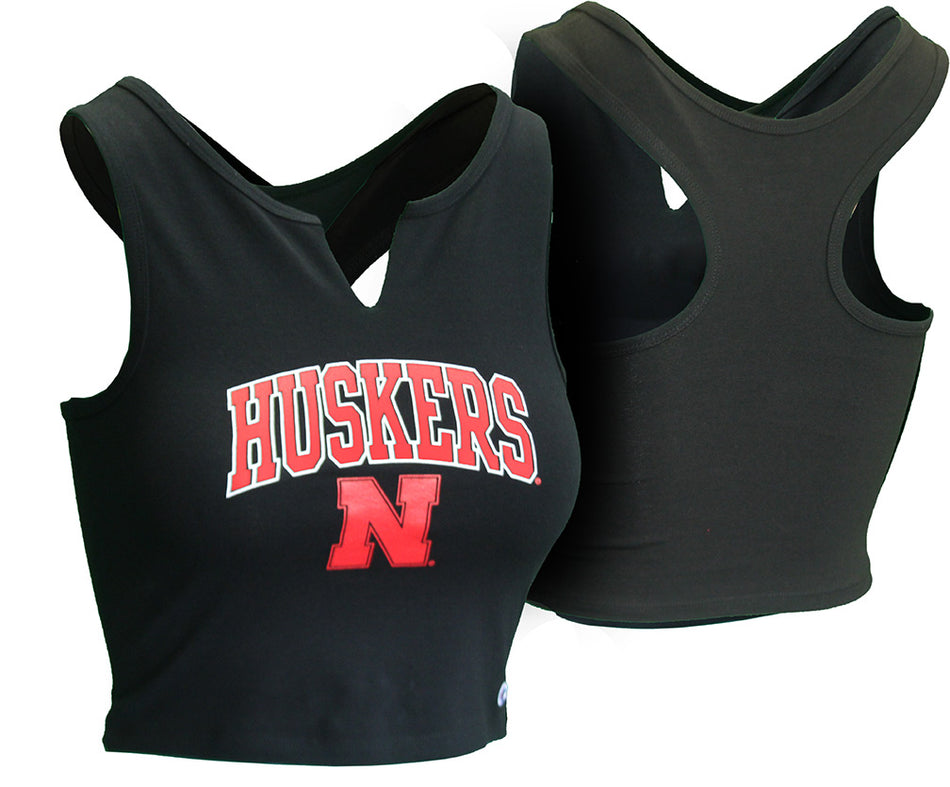 Womens Huskers Split Neck Crop Racerback - Black