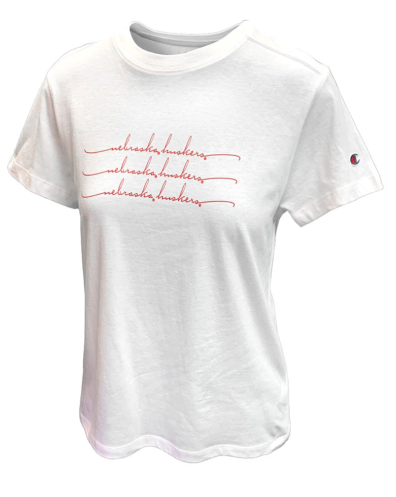 Womens Nebraska Cursive Repeat Core Tee
