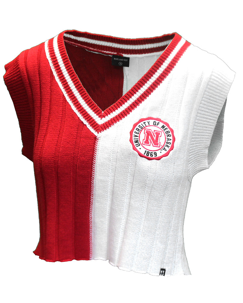 Ladies Nebraska Red N White Crop Sweater Vest