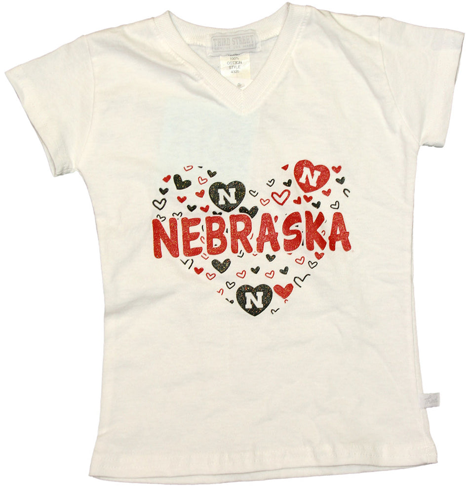 3ST GLITTER HEARTS WHITE V-NECK TEE