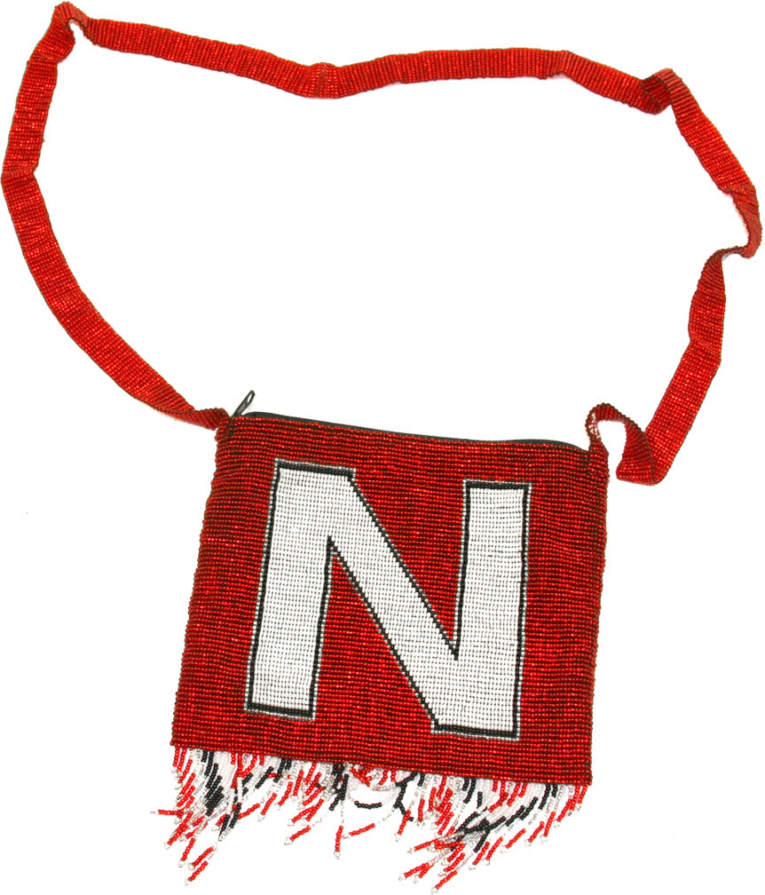 RED BEADED PURSE W/ WHT 'N'