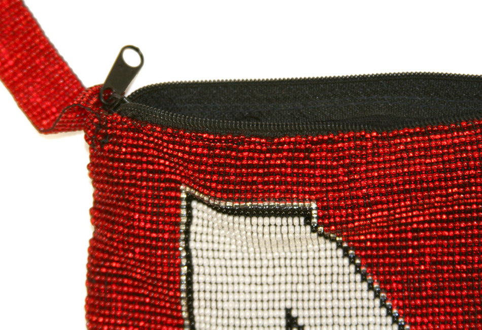 RED BEADED PURSE W/ WHT 'N'