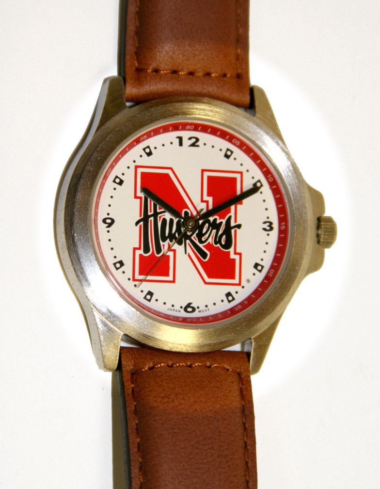TAN LEATHER MENS WATCH WITH 'N HUSKERS' ON FACE