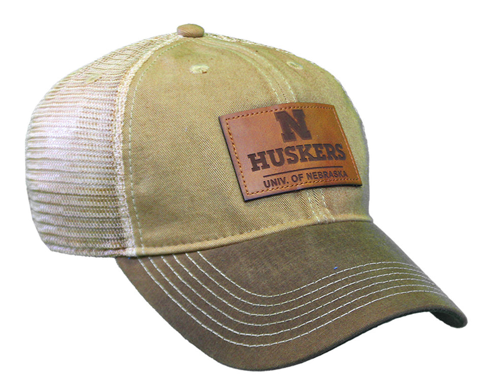Two Tone Khaki Leather Patch Huskers Hat