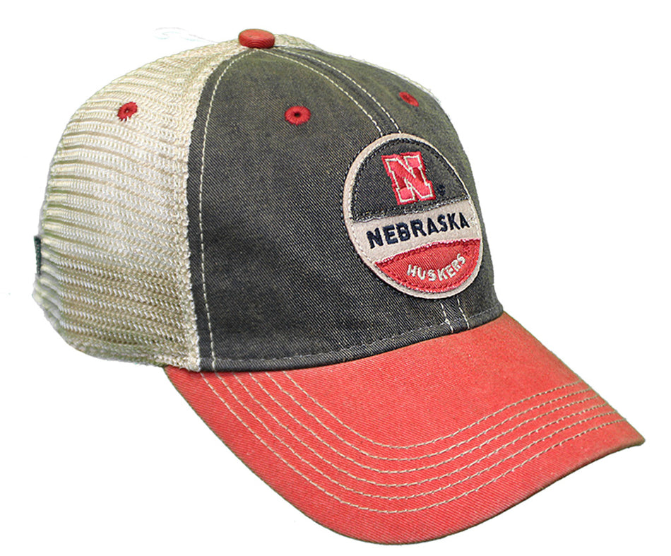 Old Fave Husker Patch Trucker - Smoke N Scarlet