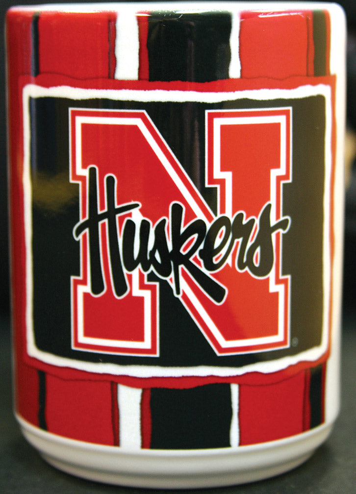BLACK & RED STRIPED MUG W/ N HUSKERS
