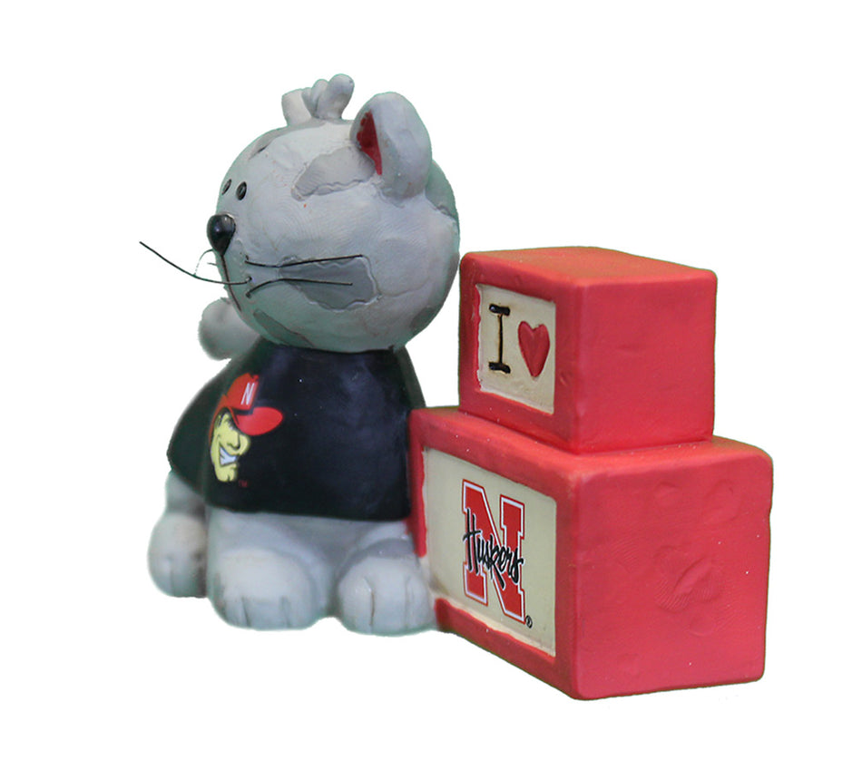 Cat with "Luv N Huskers" Blocks