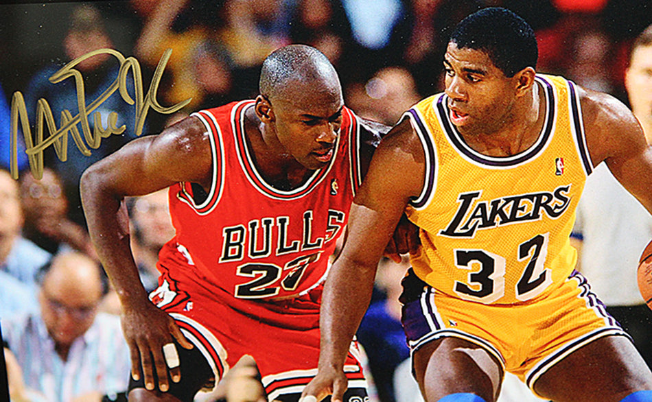 Autographed Michael Jordan vs Magic Johson Plaque
