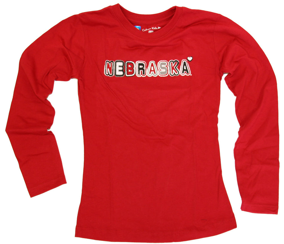 Girls Youth Long Sleeve Red Nebraska Tee