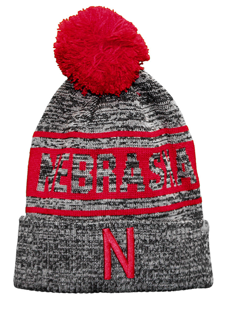 Nebraska Two Toned Cuffed Pom Knit