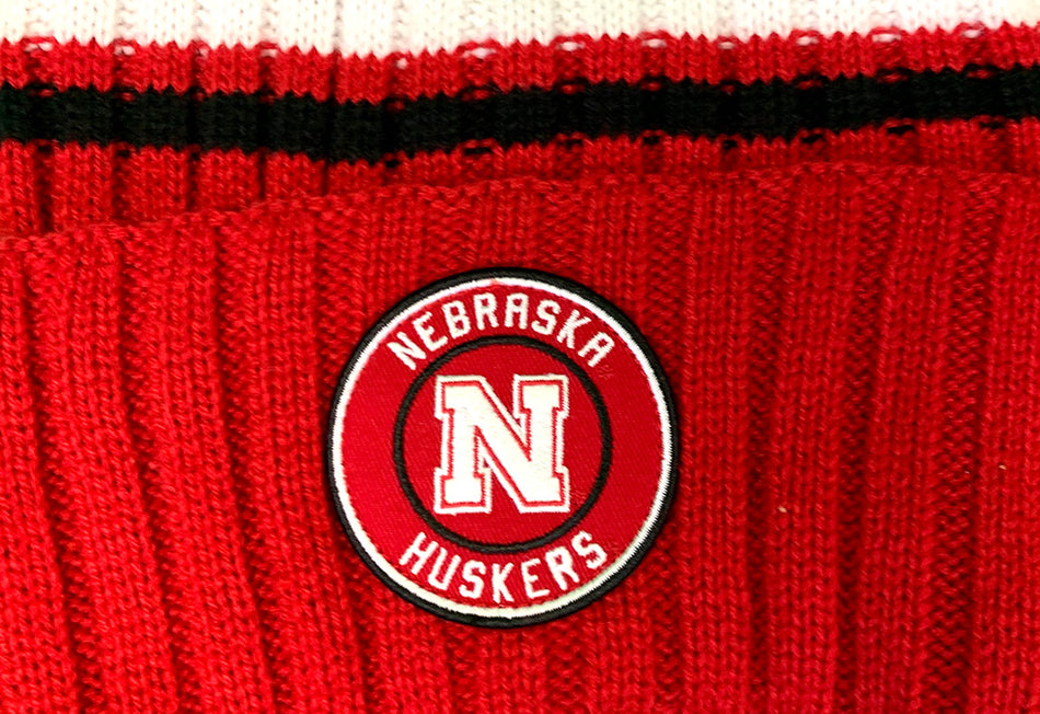 Nebraska Striped Knit Cuff Pom Beanie